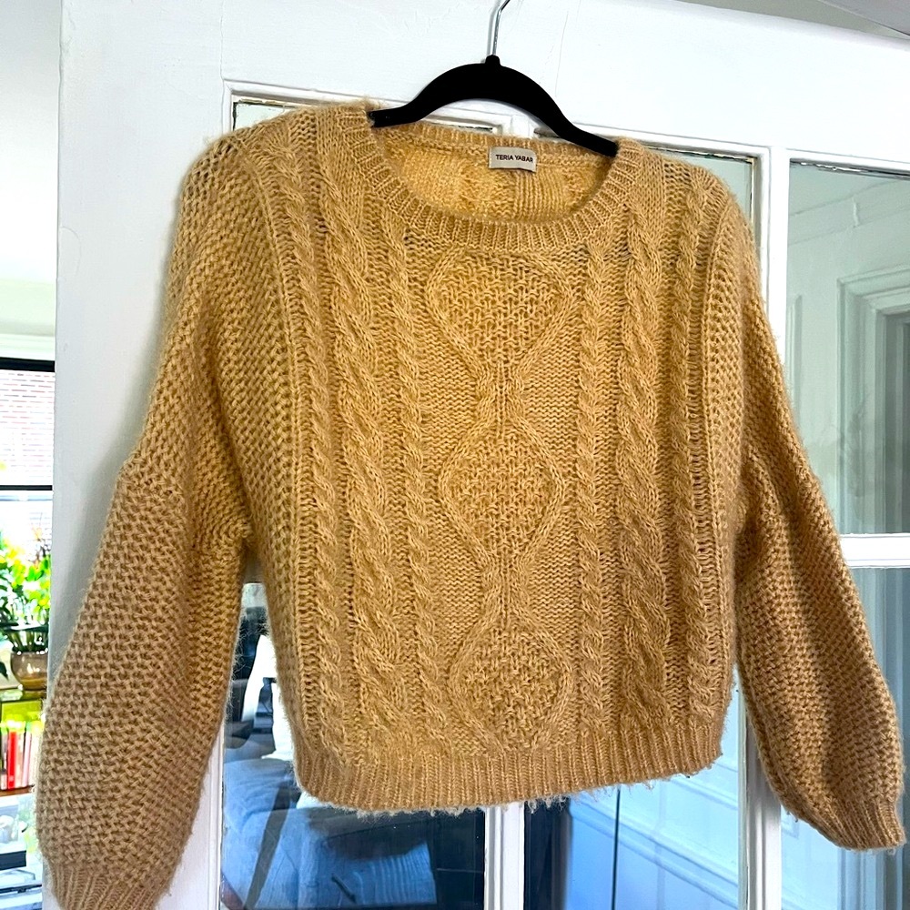 Tan Crew Neck Cable Knit Sweater